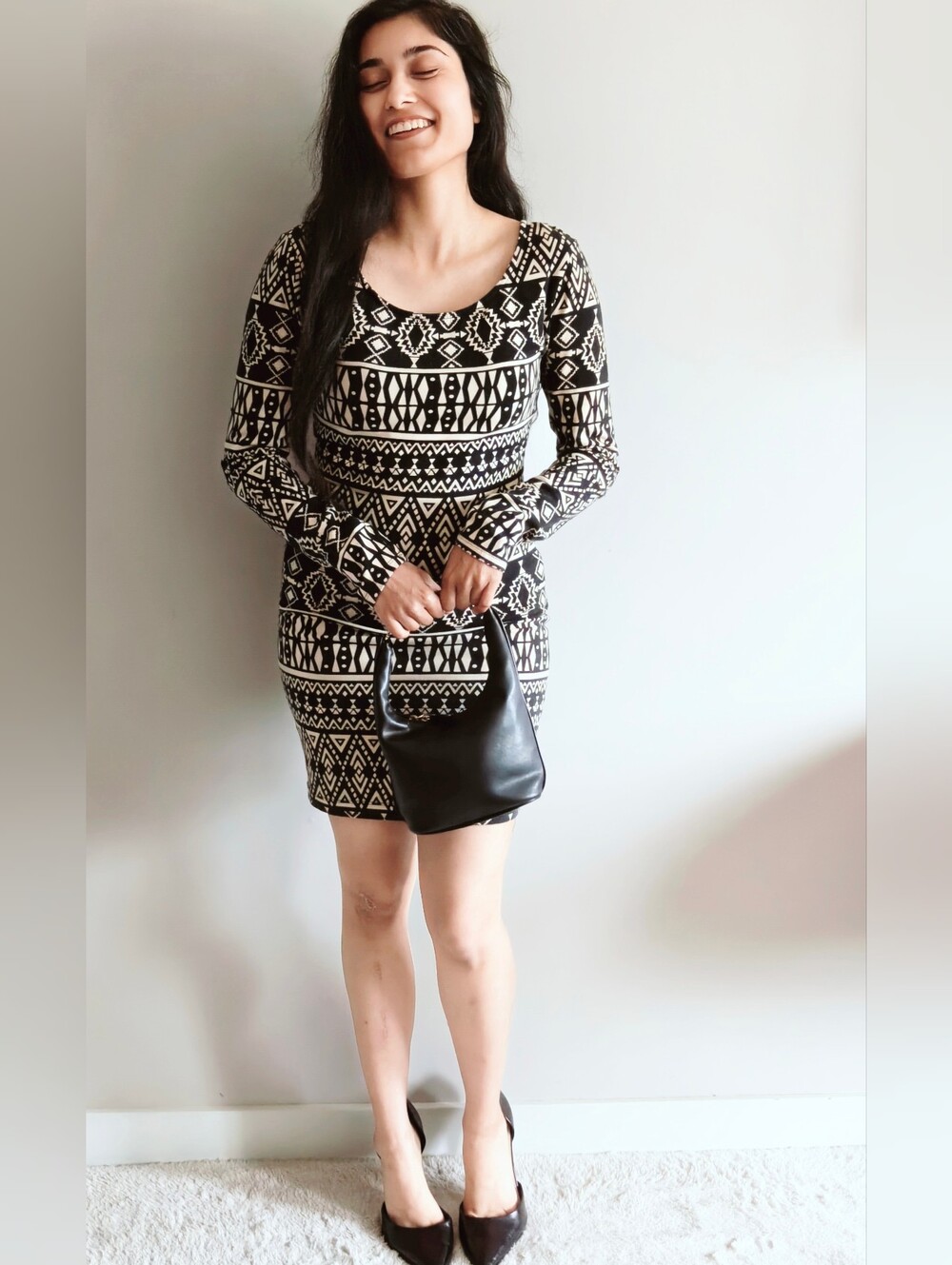 Forever 21 Geometric Mosaic Scoop Neck Bodycon Long Sleeve Mini Dress | Size M